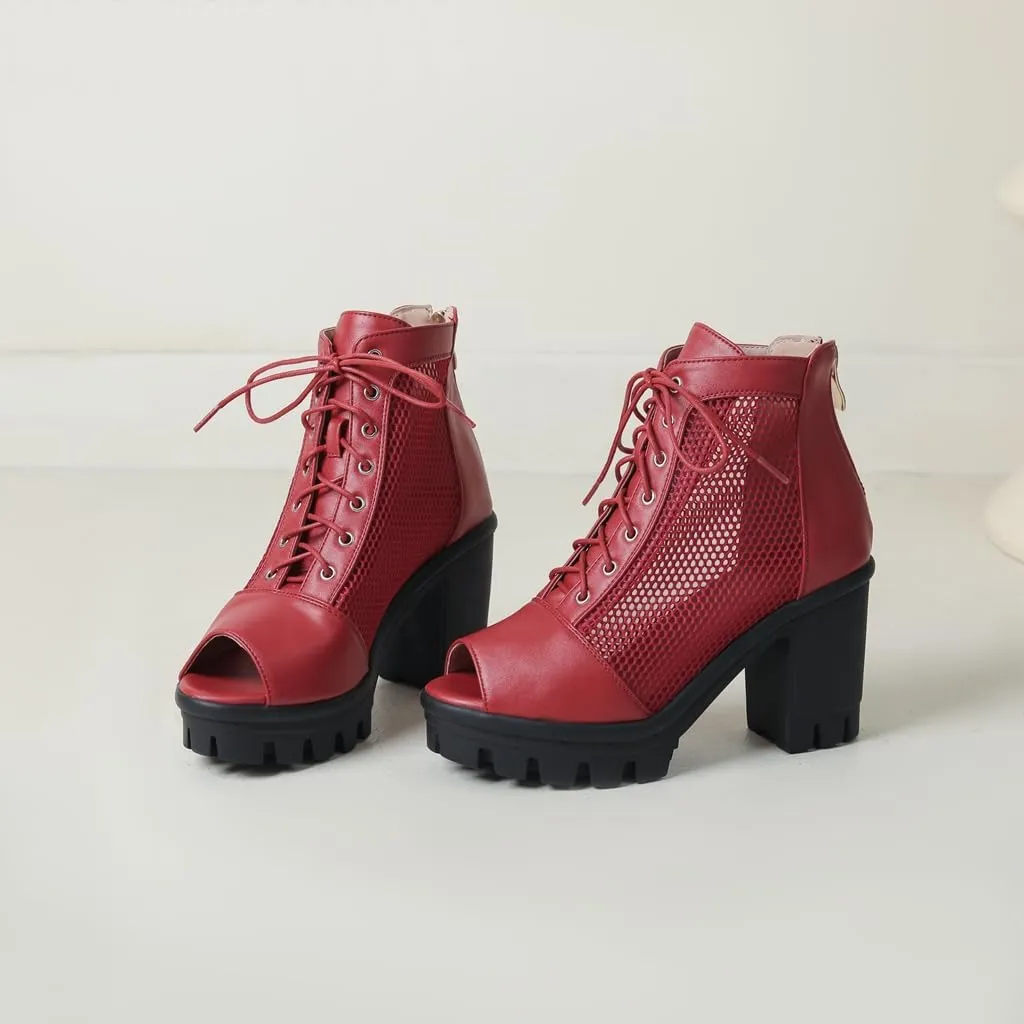 Women's Chunky Block Heeled Sandals Peep Toe Platform High Heels Lace Up Zip Summer Dressy Ankle Booties