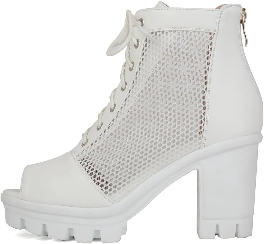 Women's Chunky Block Heeled Sandals Peep Toe Platform High Heels Lace Up Zip Summer Dressy Ankle Booties