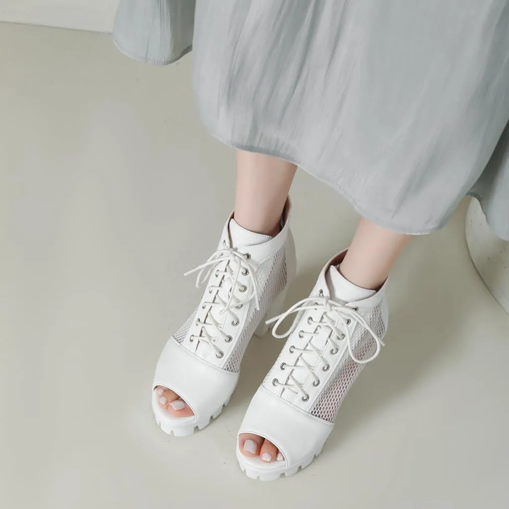 Women's Chunky Block Heeled Sandals Peep Toe Platform High Heels Lace Up Zip Summer Dressy Ankle Booties