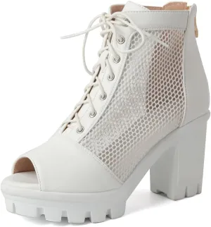 Women's Chunky Block Heeled Sandals Peep Toe Platform High Heels Lace Up Zip Summer Dressy Ankle Booties