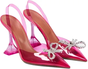 Women's Closed Toe Rhinstone Sandals Kitten Heel Slingback Clear Bowknots Pumps Adjustable Strap Pointed Toe Crystal Bow High Heels Wedding Bridal Prom Dress Shoes