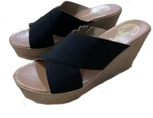 Women's Cross Strap Platform Wedge Sandals, Black Canvas, Espadrille Heel