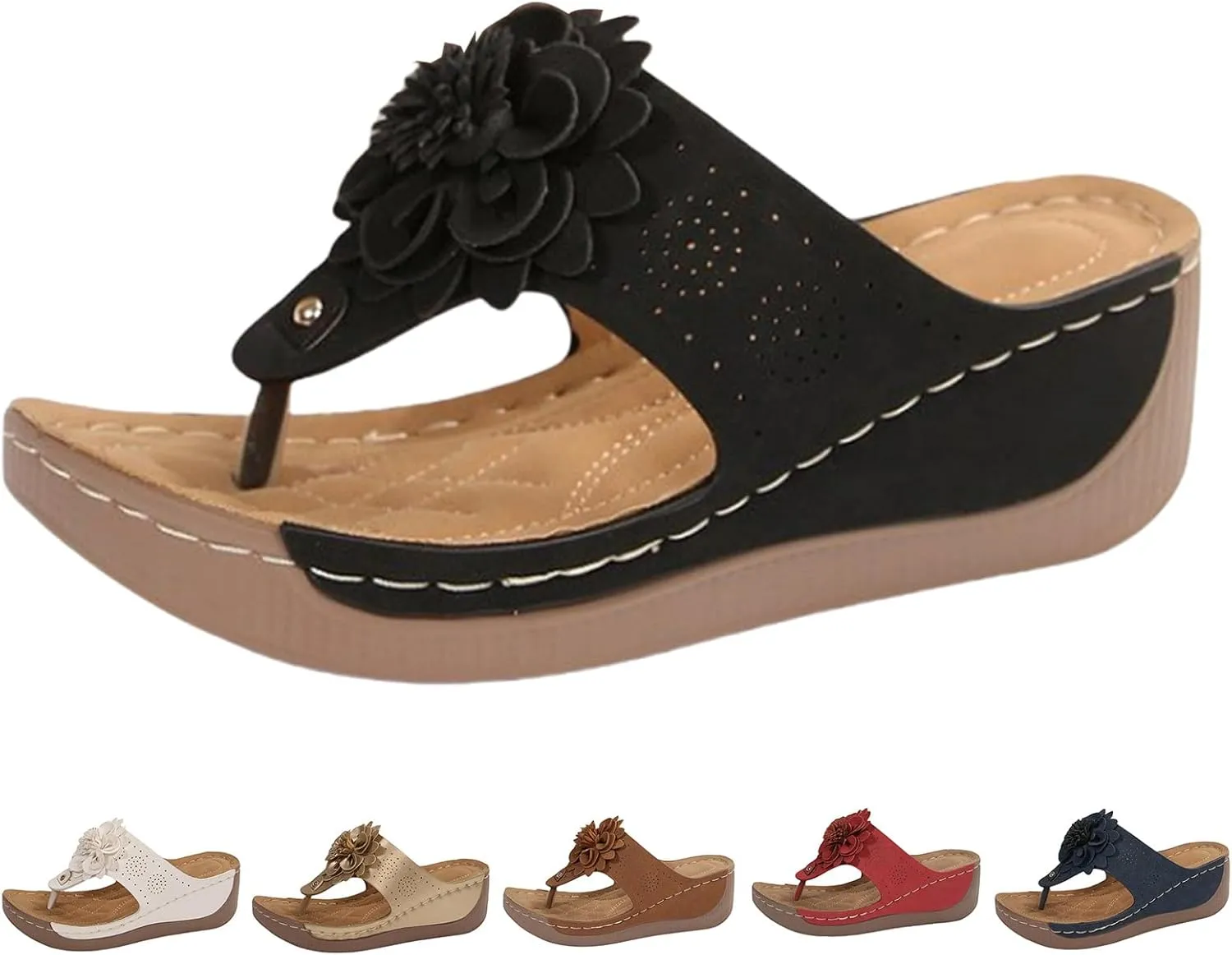 Womens Flip Flops 2025 Boho Open Toe Orthopedic Sandals Flowers Arch Support Wide Width Platform Wedge Sandals Comfortable Slipper
