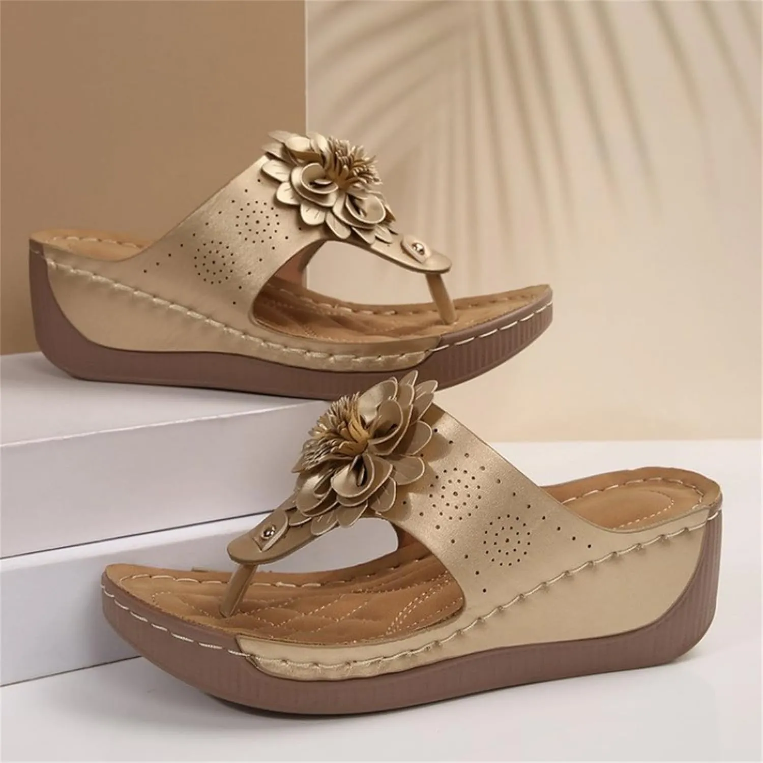 Womens Flip Flops 2025 Boho Open Toe Orthopedic Sandals Flowers Arch Support Wide Width Platform Wedge Sandals Comfortable Slipper
