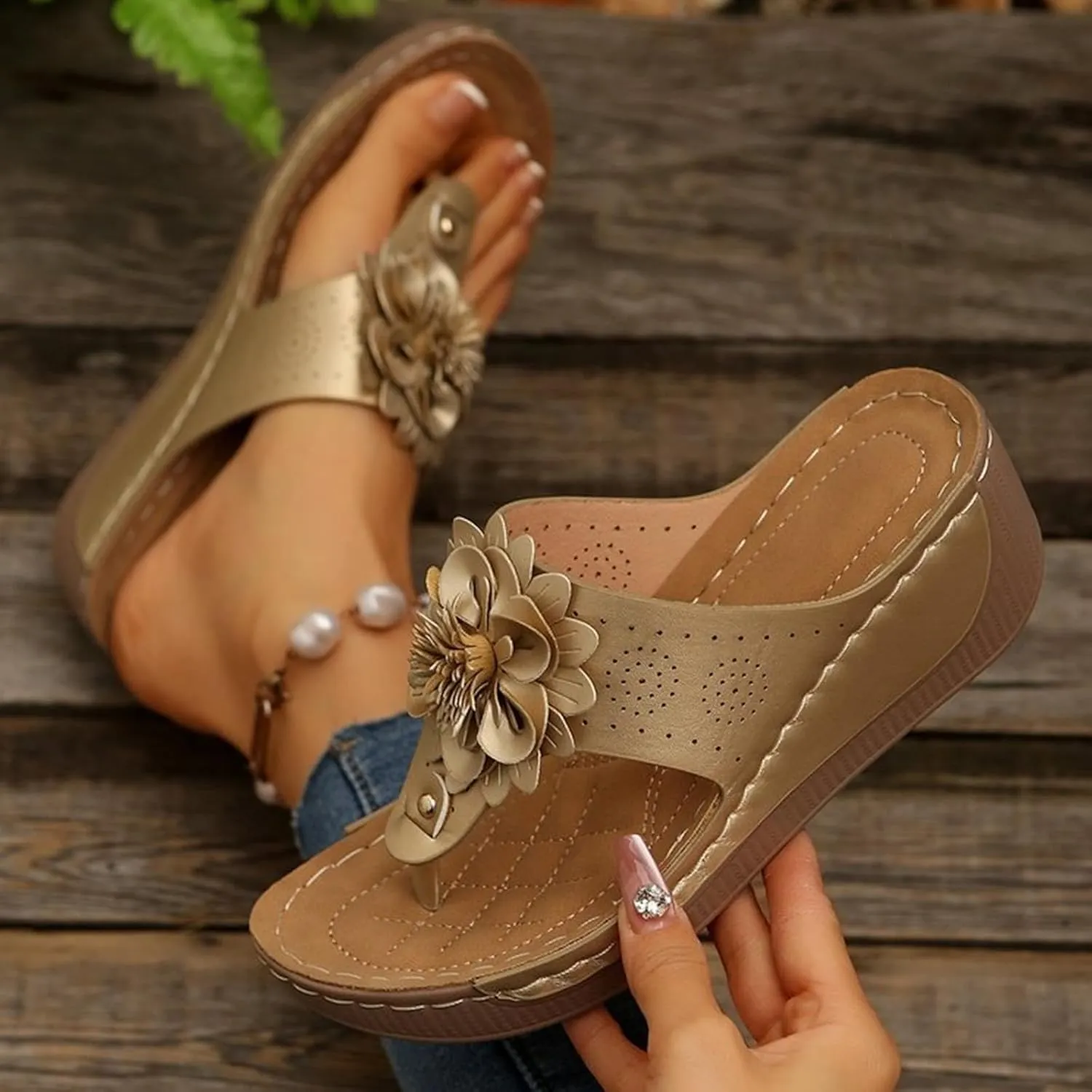 Womens Flip Flops 2025 Boho Open Toe Orthopedic Sandals Flowers Arch Support Wide Width Platform Wedge Sandals Comfortable Slipper