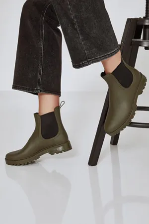 WOMENS GREEN SLIP ON RAIN BOOTS SHOES