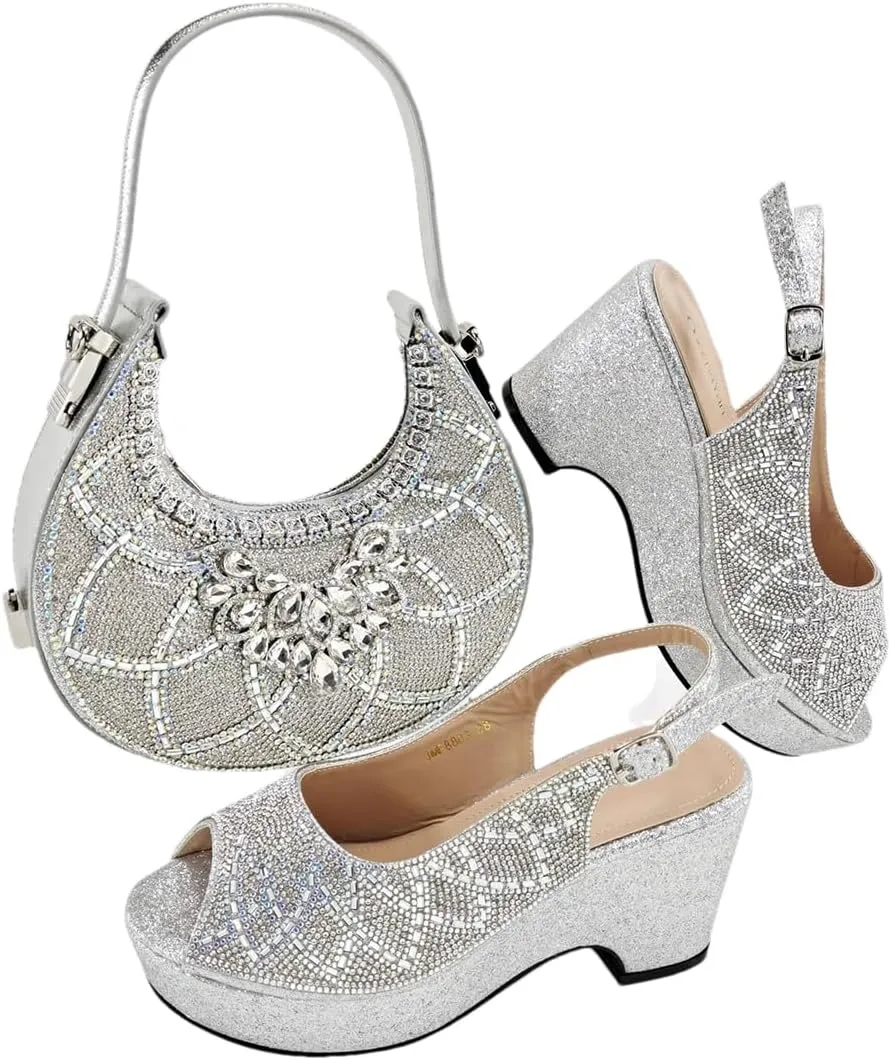 WomenS High-End Imitation Diamond Pointed High-Heeled Shoes with Hollowed Out Design Evening Bag Slip-On Peep Toe