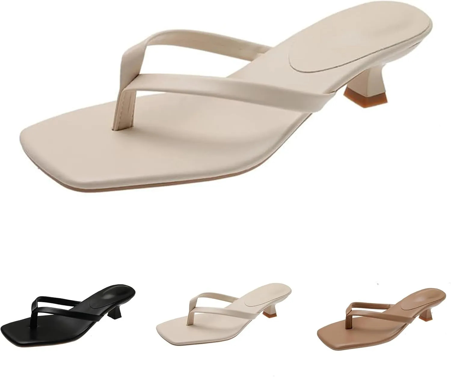 Womens Kitten Heels Summer Dressy Square Open Toe Flip Flops Comfortable Slip on Thong Sandals Outdoor Beach Shoes