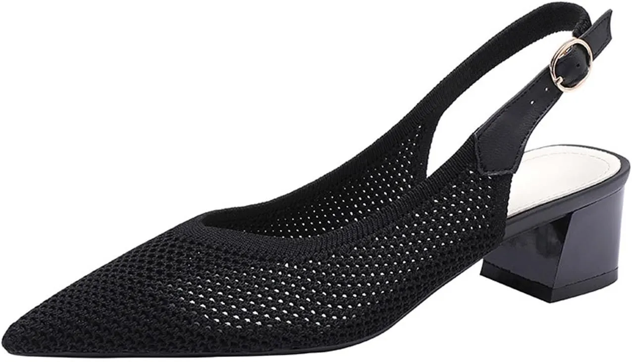 Women's Knitted Mesh Slingback Chunky Low Heels Sandals Summer Breathable Closed Pointed Toe Adjustable Strap Slip On Anti-Slip Block Heel Fashion Dress Party Pumps for Wedding Prom
