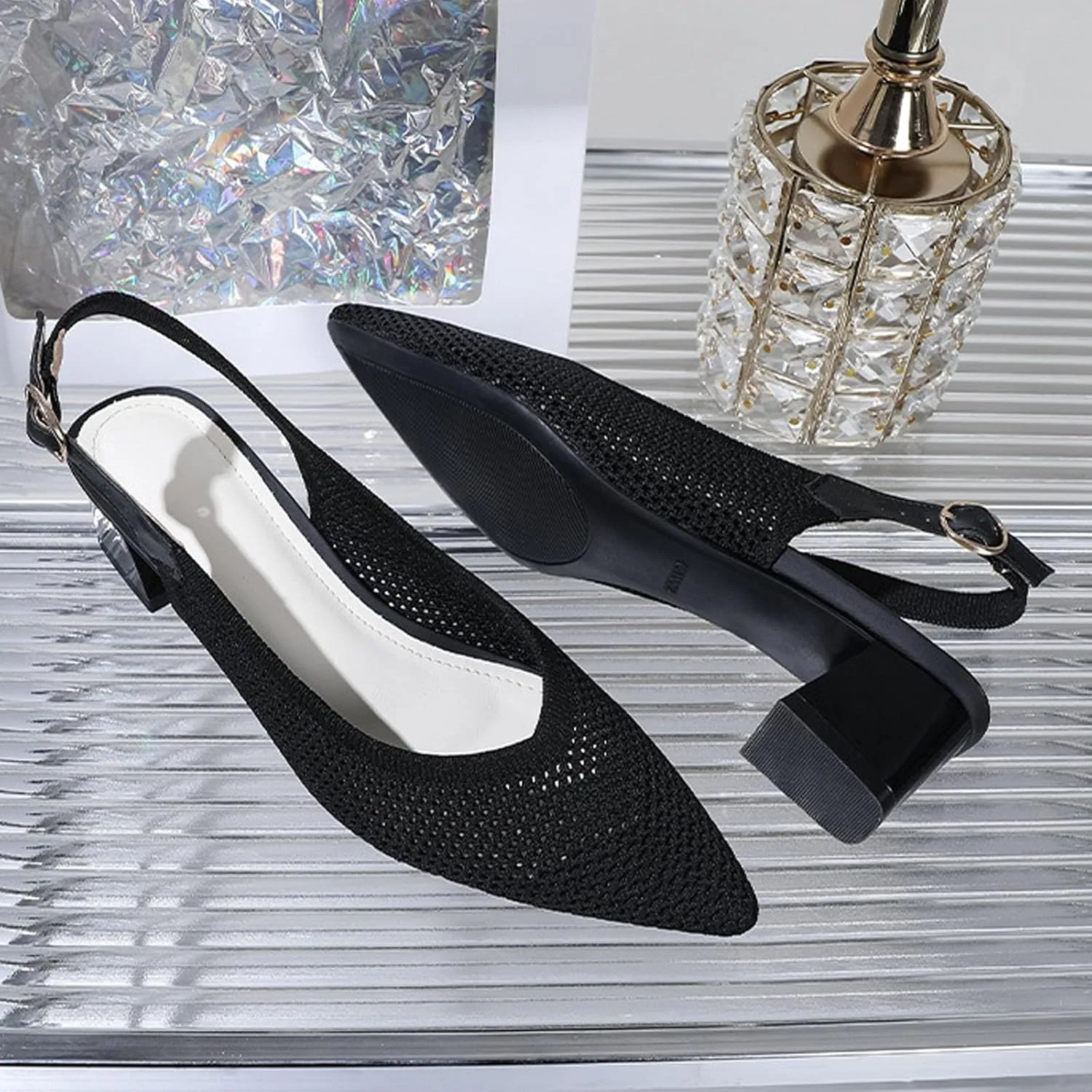 Women's Knitted Mesh Slingback Chunky Low Heels Sandals Summer Breathable Closed Pointed Toe Adjustable Strap Slip On Anti-Slip Block Heel Fashion Dress Party Pumps for Wedding Prom