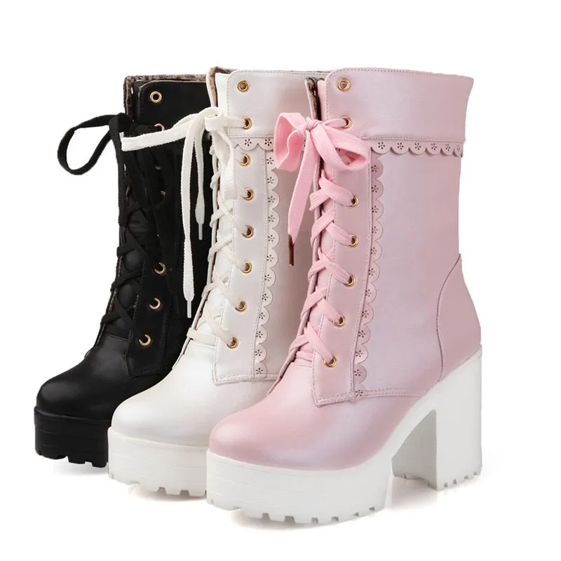 Womens Lace Up Platform Cute Boots