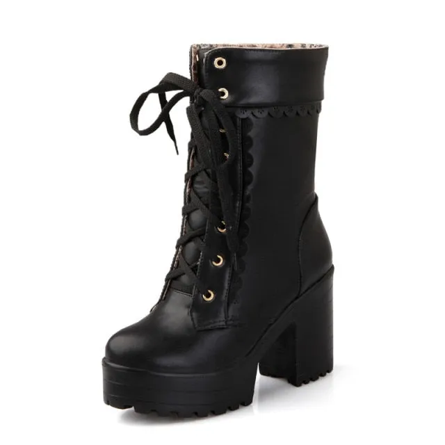Womens Lace Up Platform Cute Boots