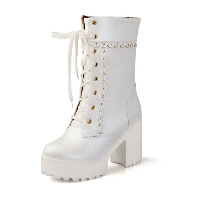 Womens Lace Up Platform Cute Boots