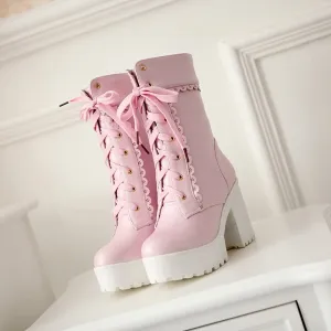 Womens Lace Up Platform Cute Boots