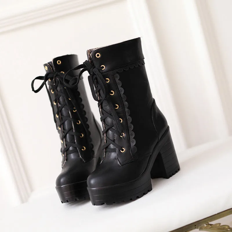 Womens Lace Up Platform Cute Boots
