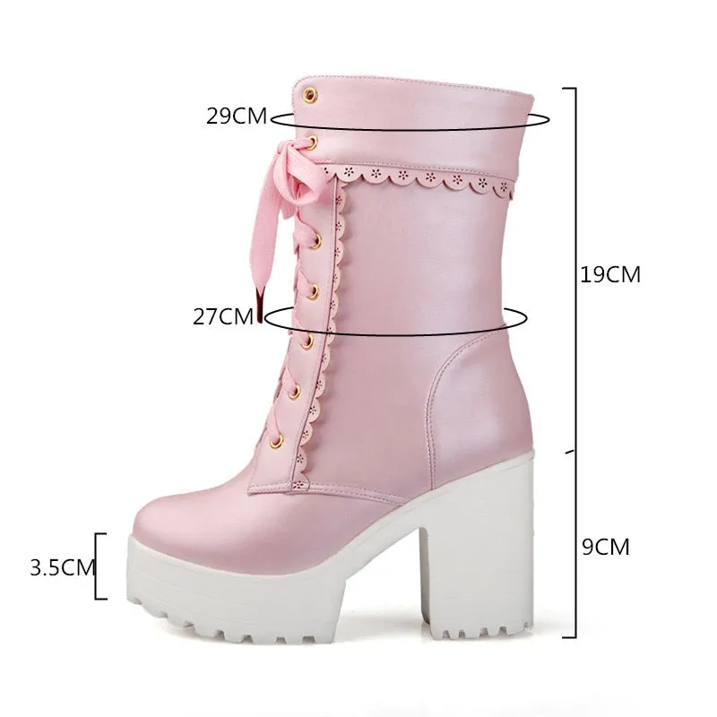 Womens Lace Up Platform Cute Boots