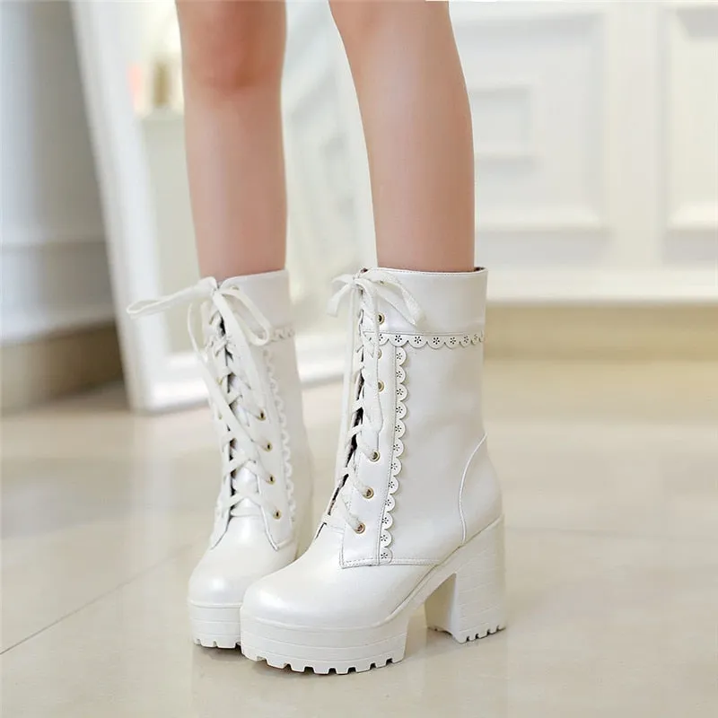 Womens Lace Up Platform Cute Boots