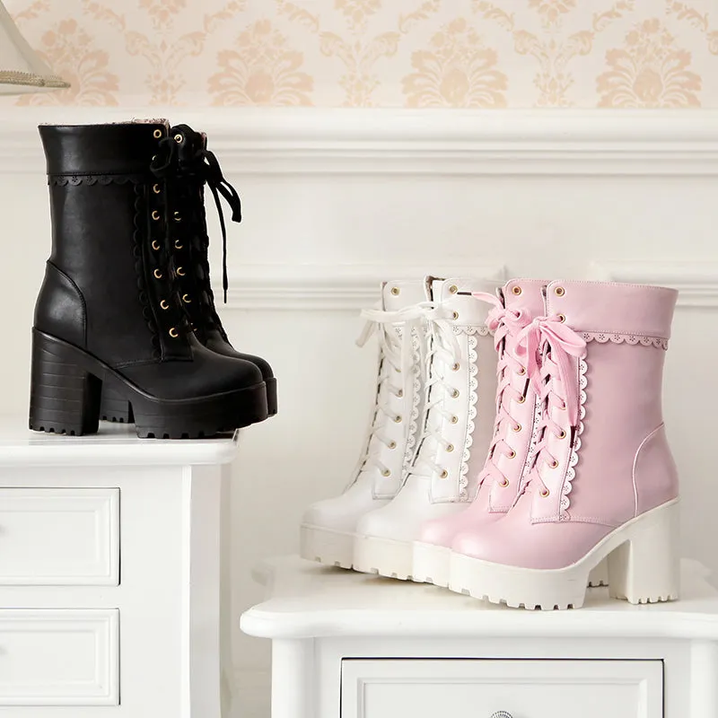 Womens Lace Up Platform Cute Boots