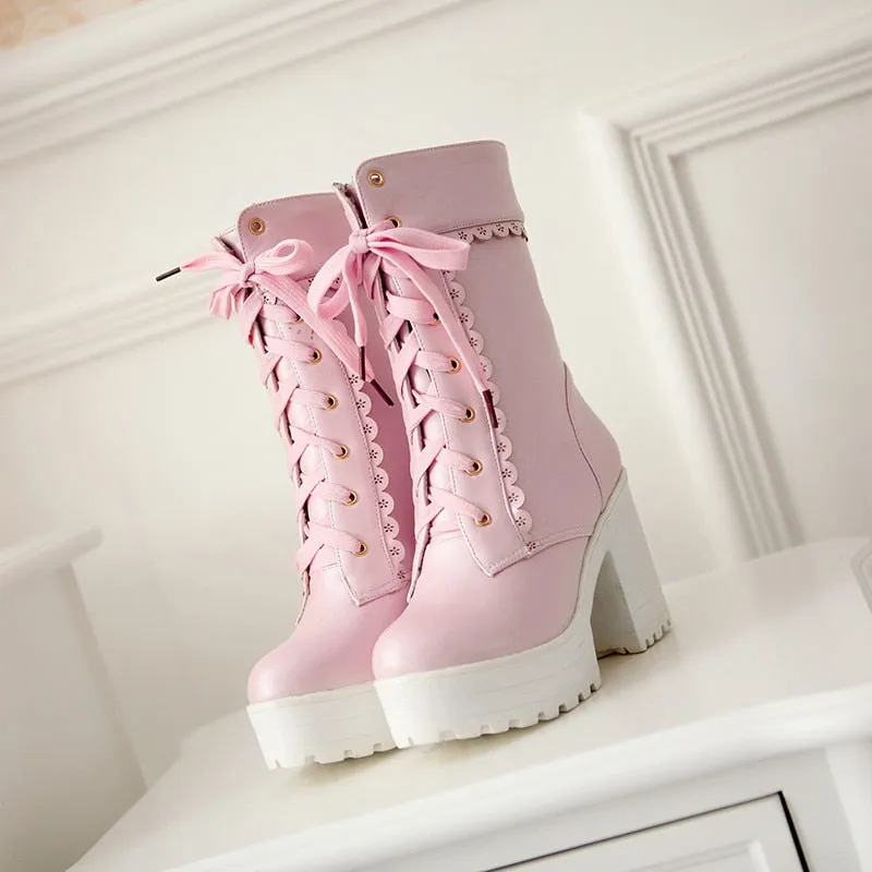 Womens Lace Up Platform Cute Boots