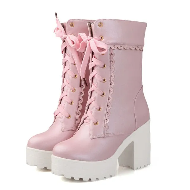 Womens Lace Up Platform Cute Boots
