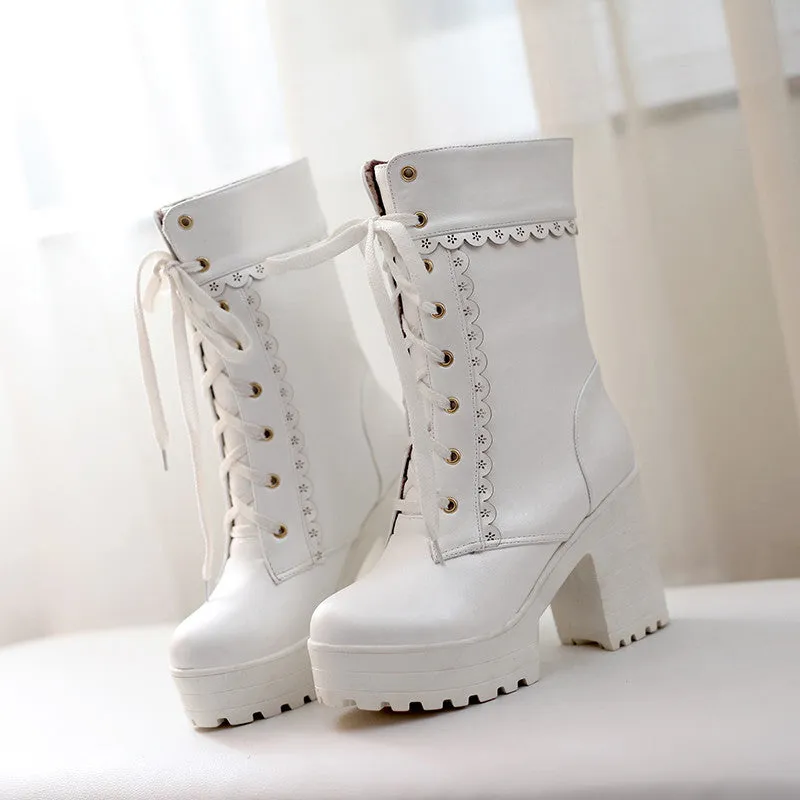 Womens Lace Up Platform Cute Boots