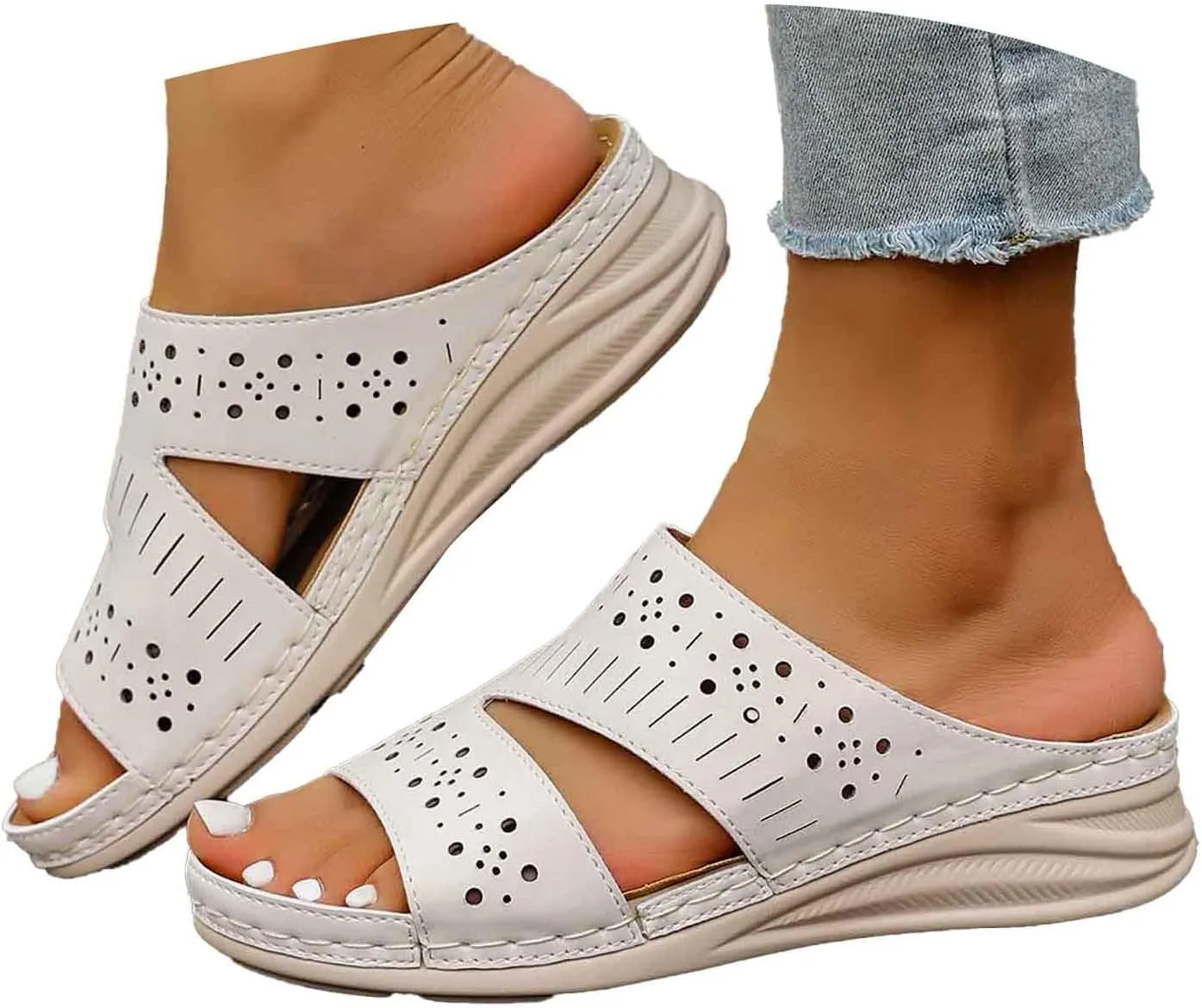 Women's Leather Wedge Sandals 2025 Solid Color Open-Toe Summer Shoes Lightweight Walking Sandals with Cushion for Office Date Outdoor Sandal