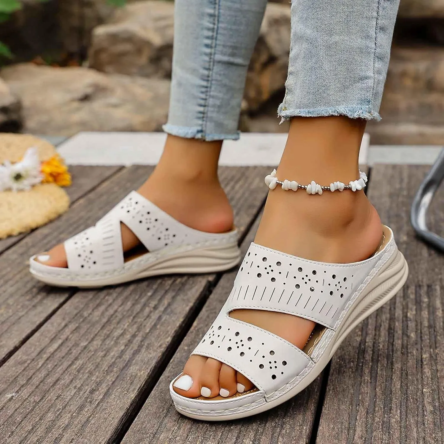 Women's Leather Wedge Sandals 2025 Solid Color Open-Toe Summer Shoes Lightweight Walking Sandals with Cushion for Office Date Outdoor Sandal