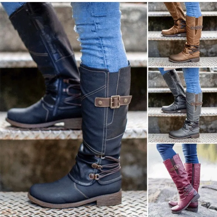 Women's low heel mid calf boots with zipper