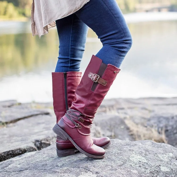 Women's low heel mid calf boots with zipper