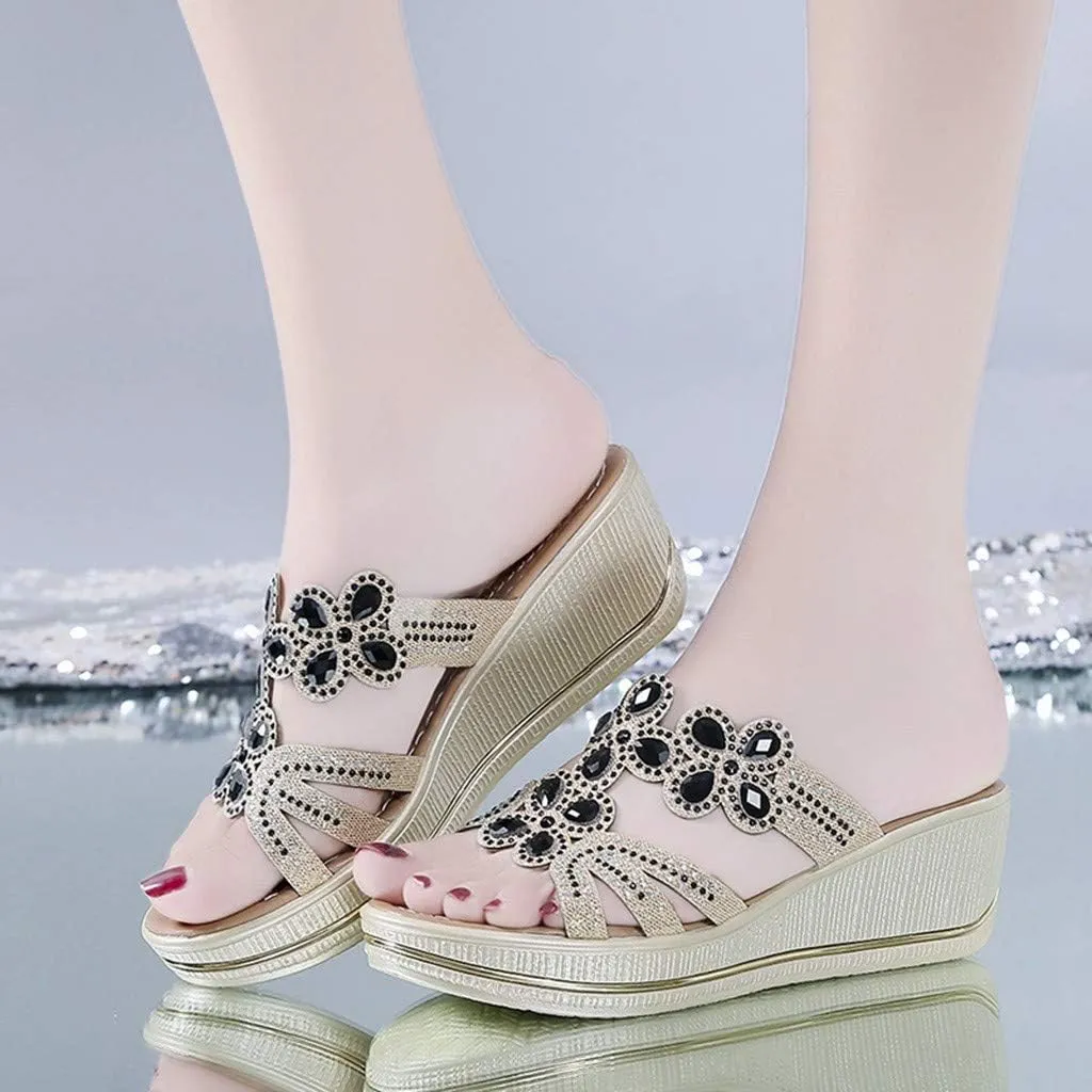 Women's Low Wedge Heels Women Sandals Bohemia Crystal Slippers Shoes Wedges Toe Thick Ladies Women's Wedges