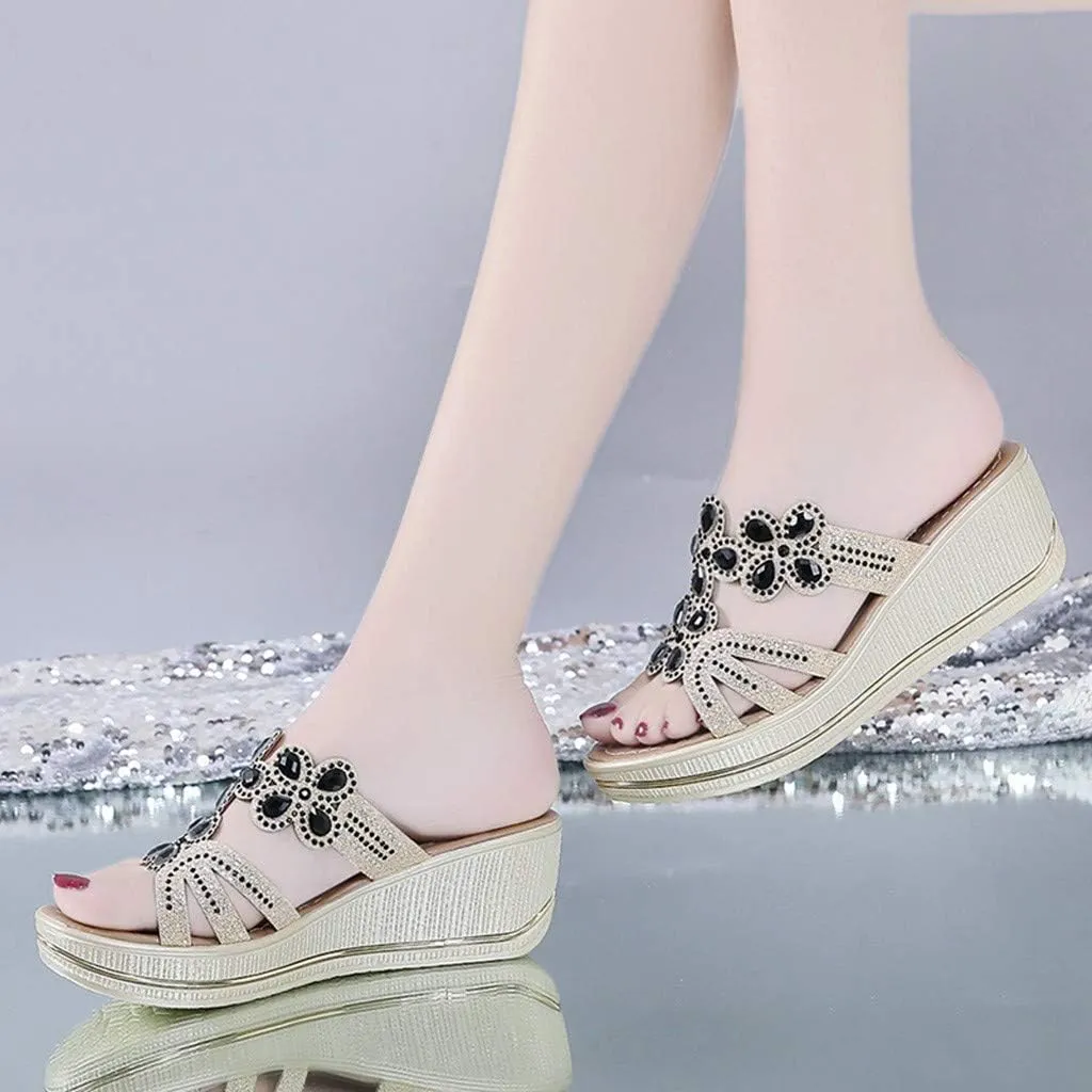 Women's Low Wedge Heels Women Sandals Bohemia Crystal Slippers Shoes Wedges Toe Thick Ladies Women's Wedges