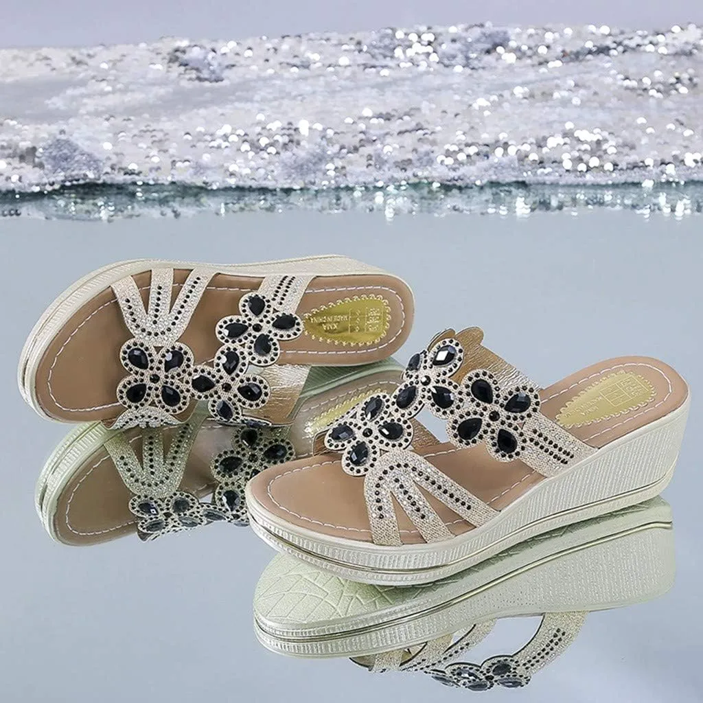 Women's Low Wedge Heels Women Sandals Bohemia Crystal Slippers Shoes Wedges Toe Thick Ladies Women's Wedges