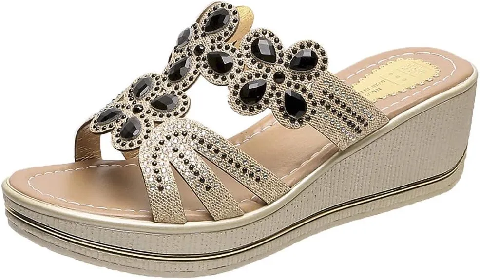 Women's Low Wedge Heels Women Sandals Bohemia Crystal Slippers Shoes Wedges Toe Thick Ladies Women's Wedges
