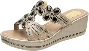 Women's Low Wedge Heels Women Sandals Bohemia Crystal Slippers Shoes Wedges Toe Thick Ladies Women's Wedges