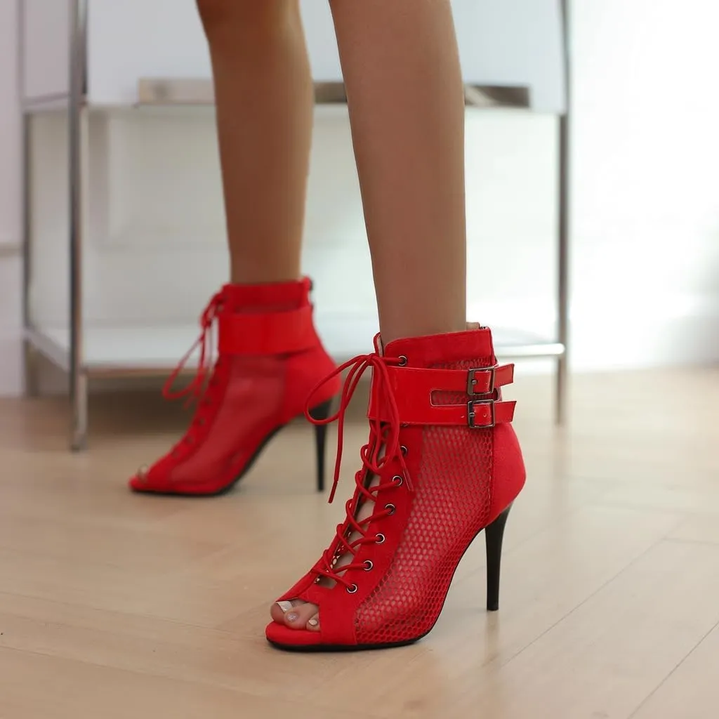 Women's Peep Toe Stilettos High Heels Heeled Sandals Fashion Lace Up Zipper Dance Dressy Ankle Booties