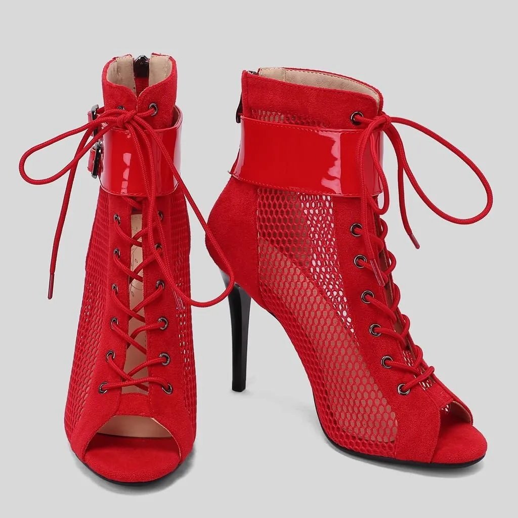 Women's Peep Toe Stilettos High Heels Heeled Sandals Fashion Lace Up Zipper Dance Dressy Ankle Booties