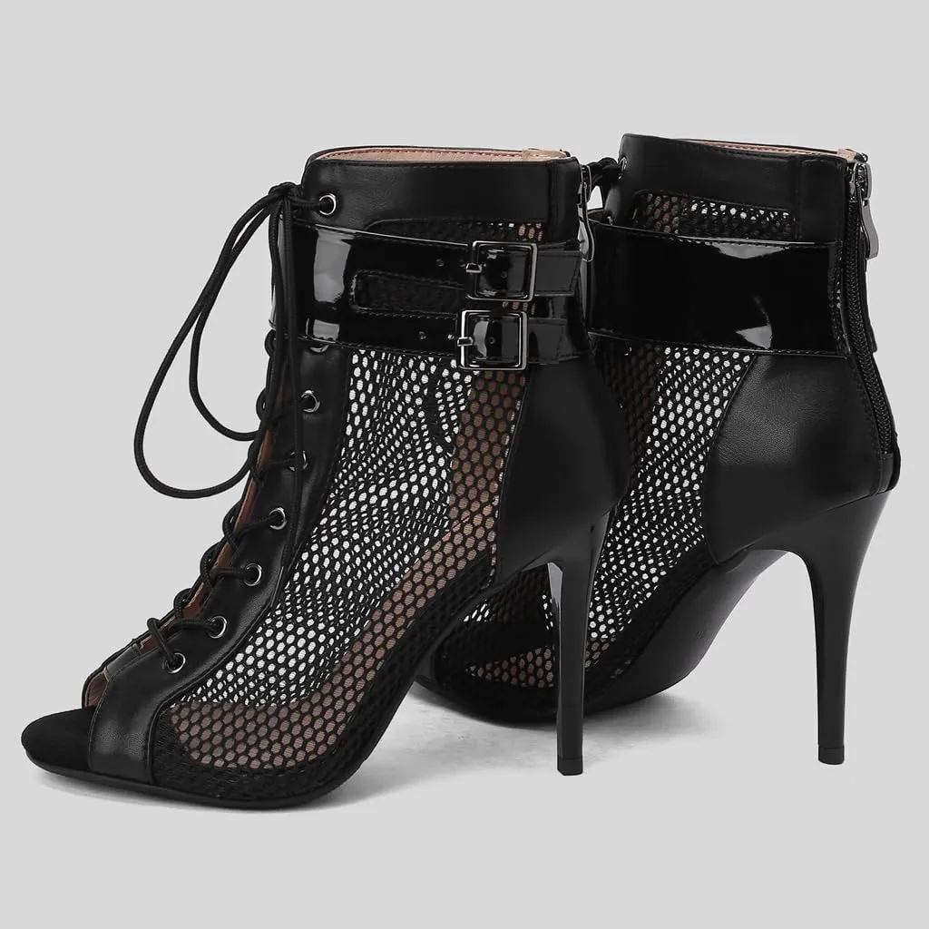 Women's Peep Toe Stilettos High Heels Heeled Sandals Fashion Lace Up Zipper Dance Dressy Ankle Booties