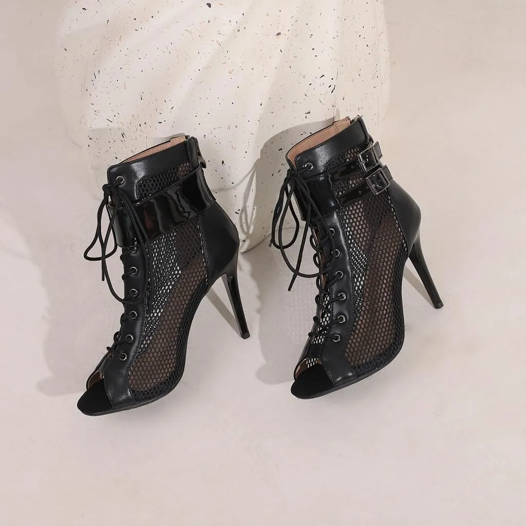 Women's Peep Toe Stilettos High Heels Heeled Sandals Fashion Lace Up Zipper Dance Dressy Ankle Booties