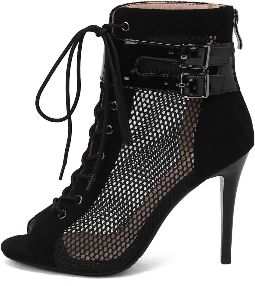 Women's Peep Toe Stilettos High Heels Heeled Sandals Fashion Lace Up Zipper Dance Dressy Ankle Booties
