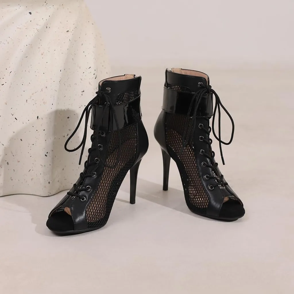 Women's Peep Toe Stilettos High Heels Heeled Sandals Fashion Lace Up Zipper Dance Dressy Ankle Booties
