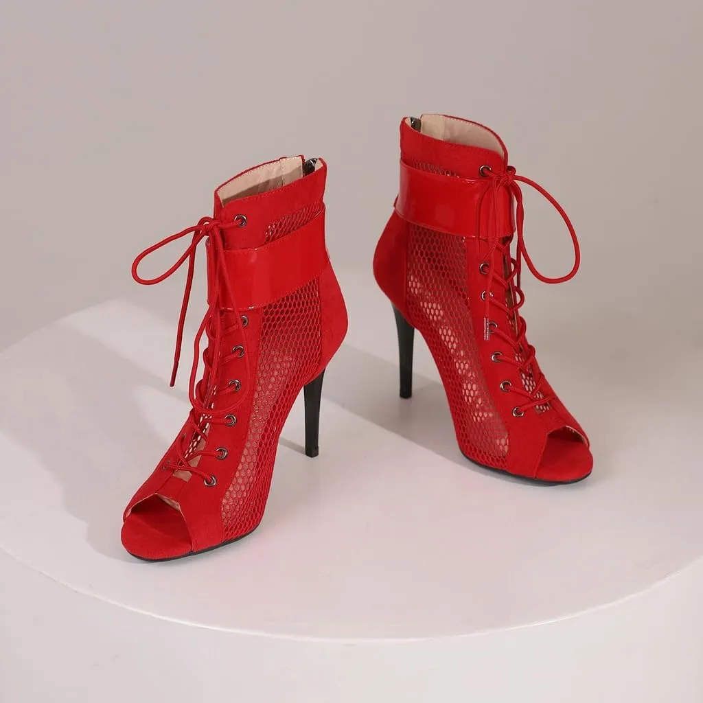 Women's Peep Toe Stilettos High Heels Heeled Sandals Fashion Lace Up Zipper Dance Dressy Ankle Booties