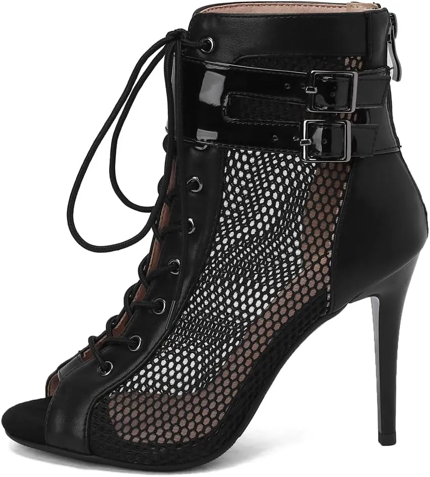 Women's Peep Toe Stilettos High Heels Heeled Sandals Fashion Lace Up Zipper Dance Dressy Ankle Booties