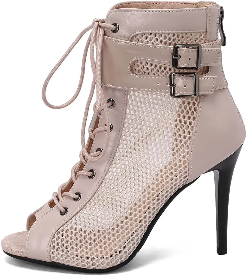 Women's Peep Toe Stilettos High Heels Heeled Sandals Fashion Lace Up Zipper Dance Dressy Ankle Booties