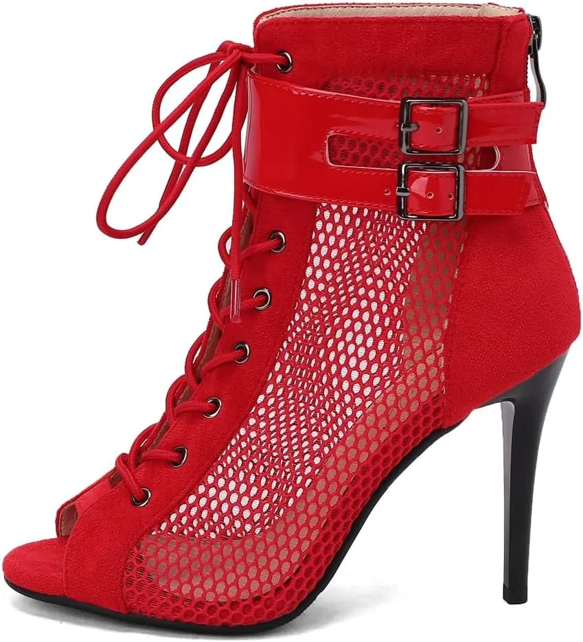 Women's Peep Toe Stilettos High Heels Heeled Sandals Fashion Lace Up Zipper Dance Dressy Ankle Booties