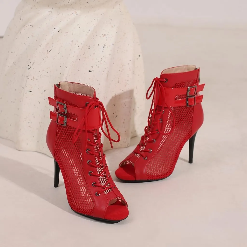 Women's Peep Toe Stilettos High Heels Heeled Sandals Fashion Lace Up Zipper Dance Dressy Ankle Booties
