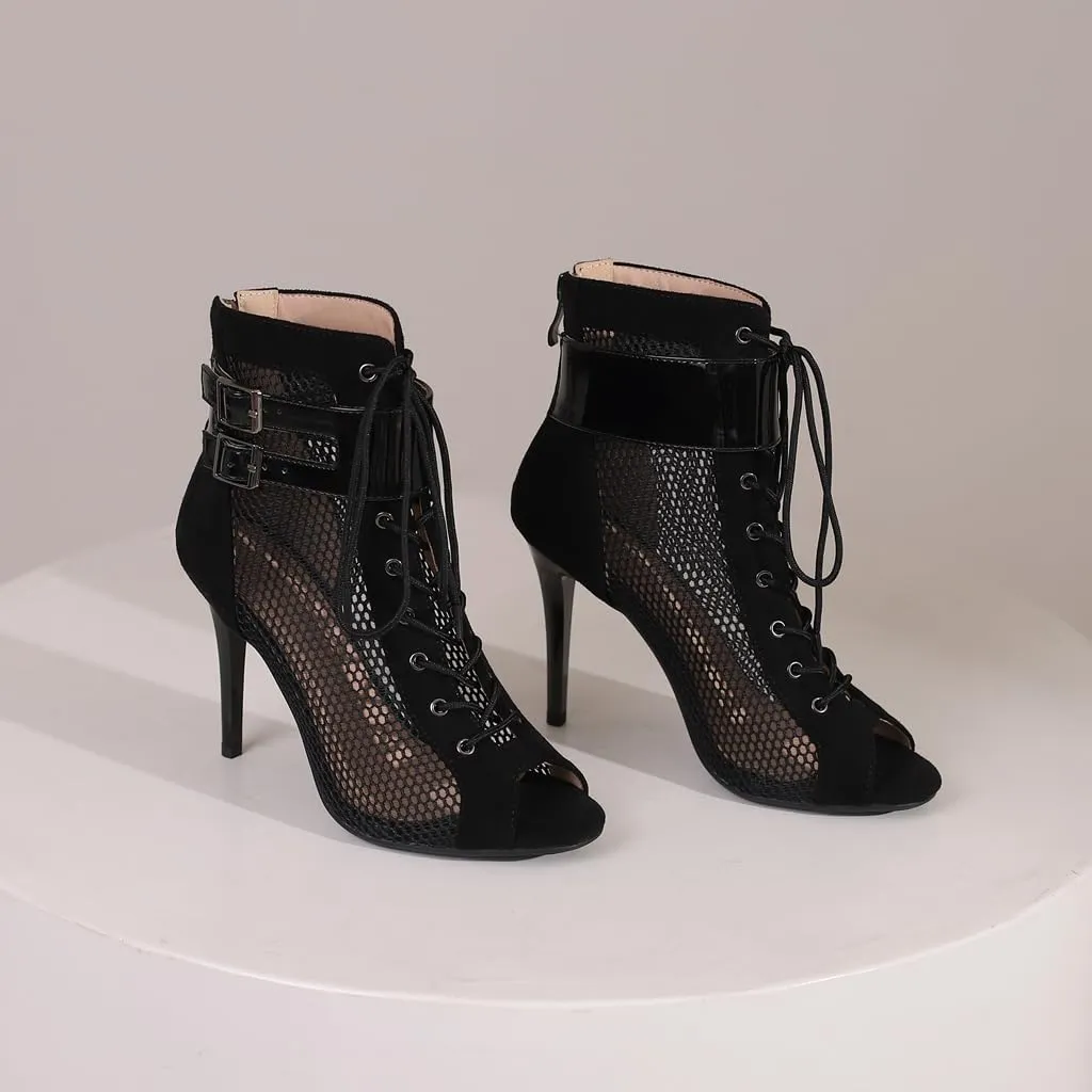 Women's Peep Toe Stilettos High Heels Heeled Sandals Fashion Lace Up Zipper Dance Dressy Ankle Booties