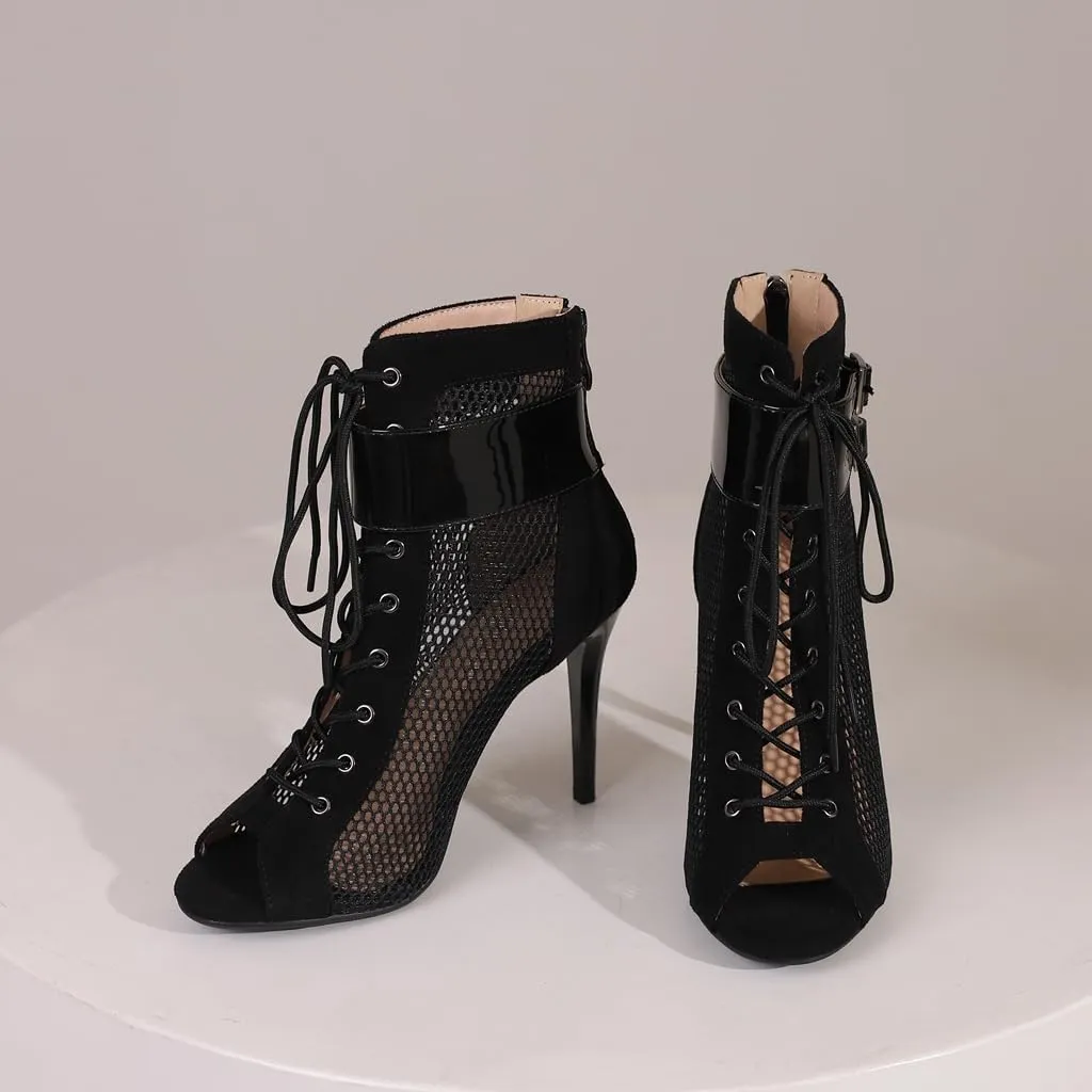 Women's Peep Toe Stilettos High Heels Heeled Sandals Fashion Lace Up Zipper Dance Dressy Ankle Booties