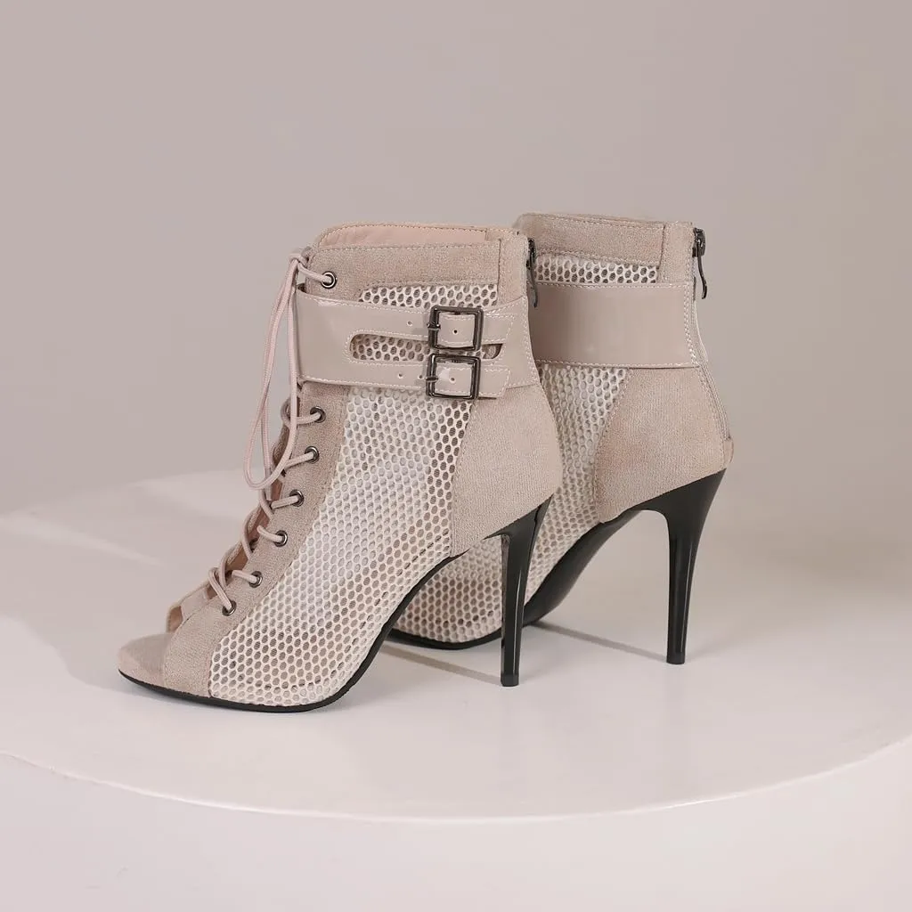 Women's Peep Toe Stilettos High Heels Heeled Sandals Fashion Lace Up Zipper Dance Dressy Ankle Booties