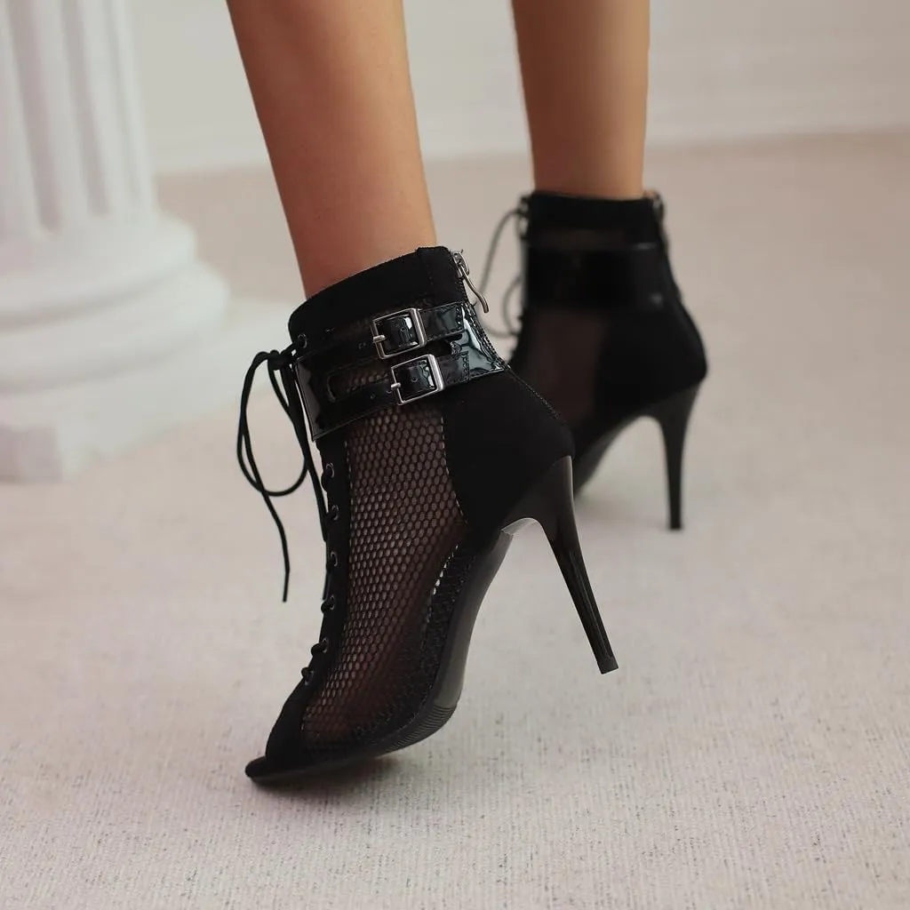 Women's Peep Toe Stilettos High Heels Heeled Sandals Fashion Lace Up Zipper Dance Dressy Ankle Booties
