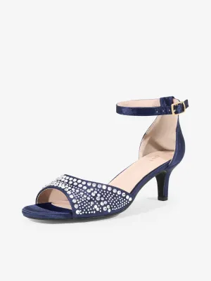 Women's Rhinestone Ankle Strap Kitten Heel Satin Sandals